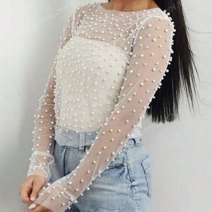 NWT Elegant Sheer Pearl-Embellished Top